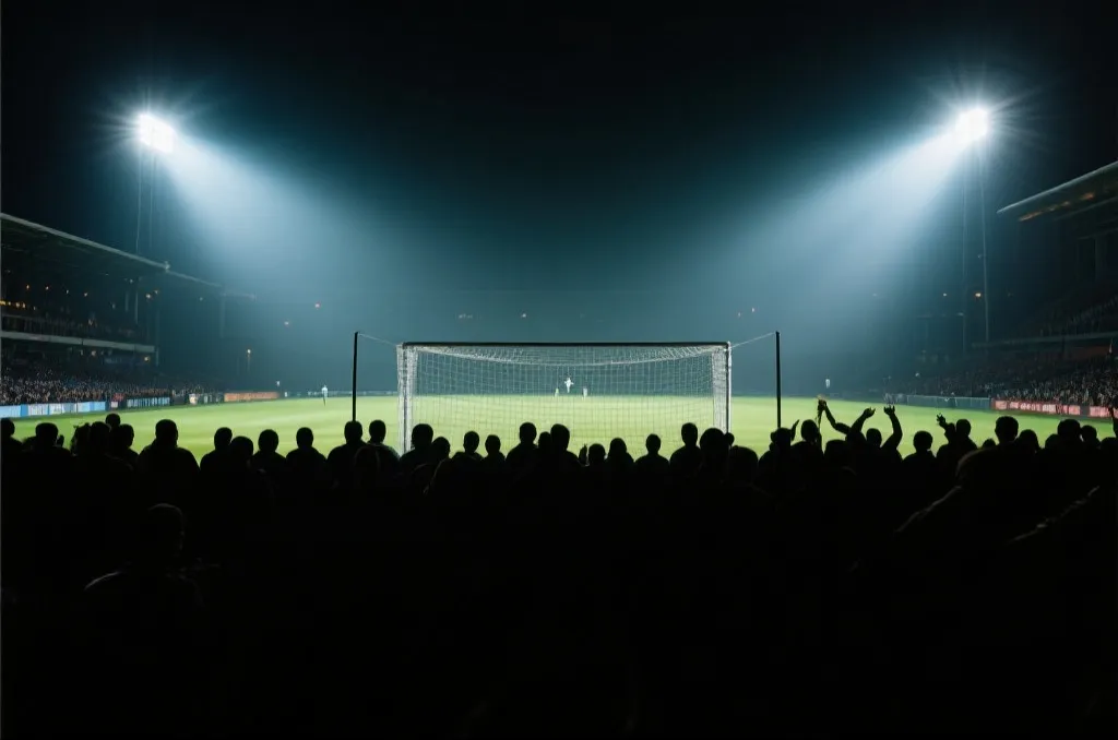 夜间球场灯光下的球门与球迷轮廓