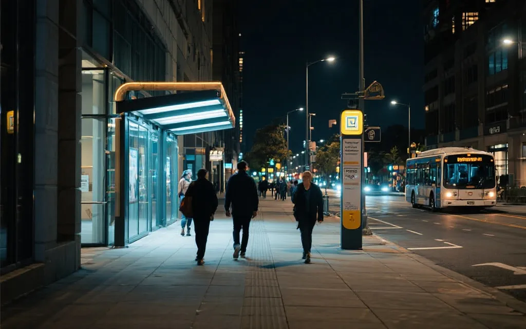 夜晚的达拉斯步行街与公共交通接驳点，人群有序散场的城市氛围