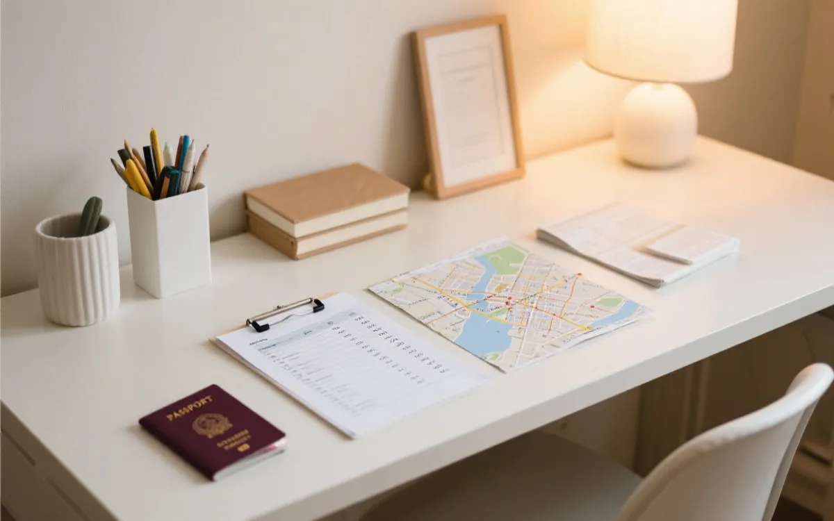 桌面上摊开的护照、行程表、预算清单与城市地图，呈现规划感
