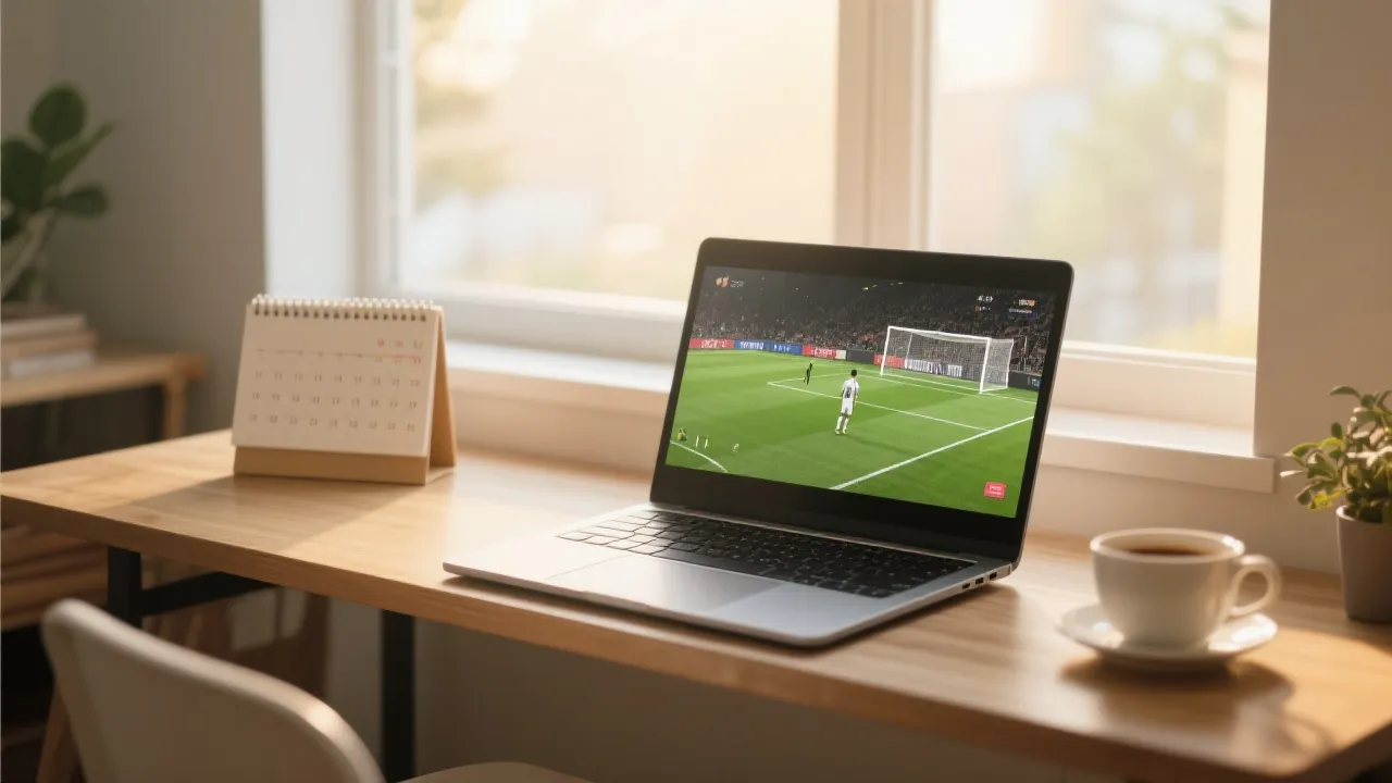 清晨书桌上的笔记本电脑播放比赛画面，旁边有日历与咖啡，象征内容创作者的世界杯工作流